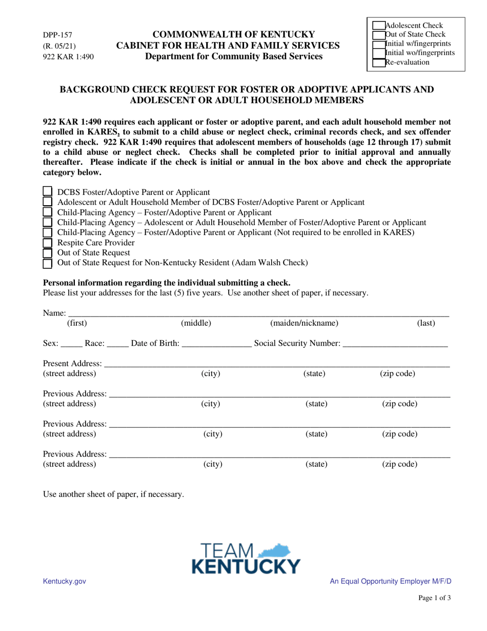 Form DPP-157 Background Check Request for Foster or Adoptive Applicants and Adolescent or Adult Household Members - Kentucky, Page 1