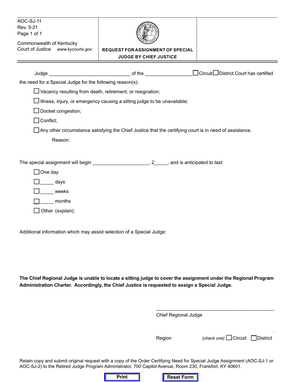Form AOC-SJ-11 Request for Assignment of Special Judge by Chief Justice - Kentucky, Page 1