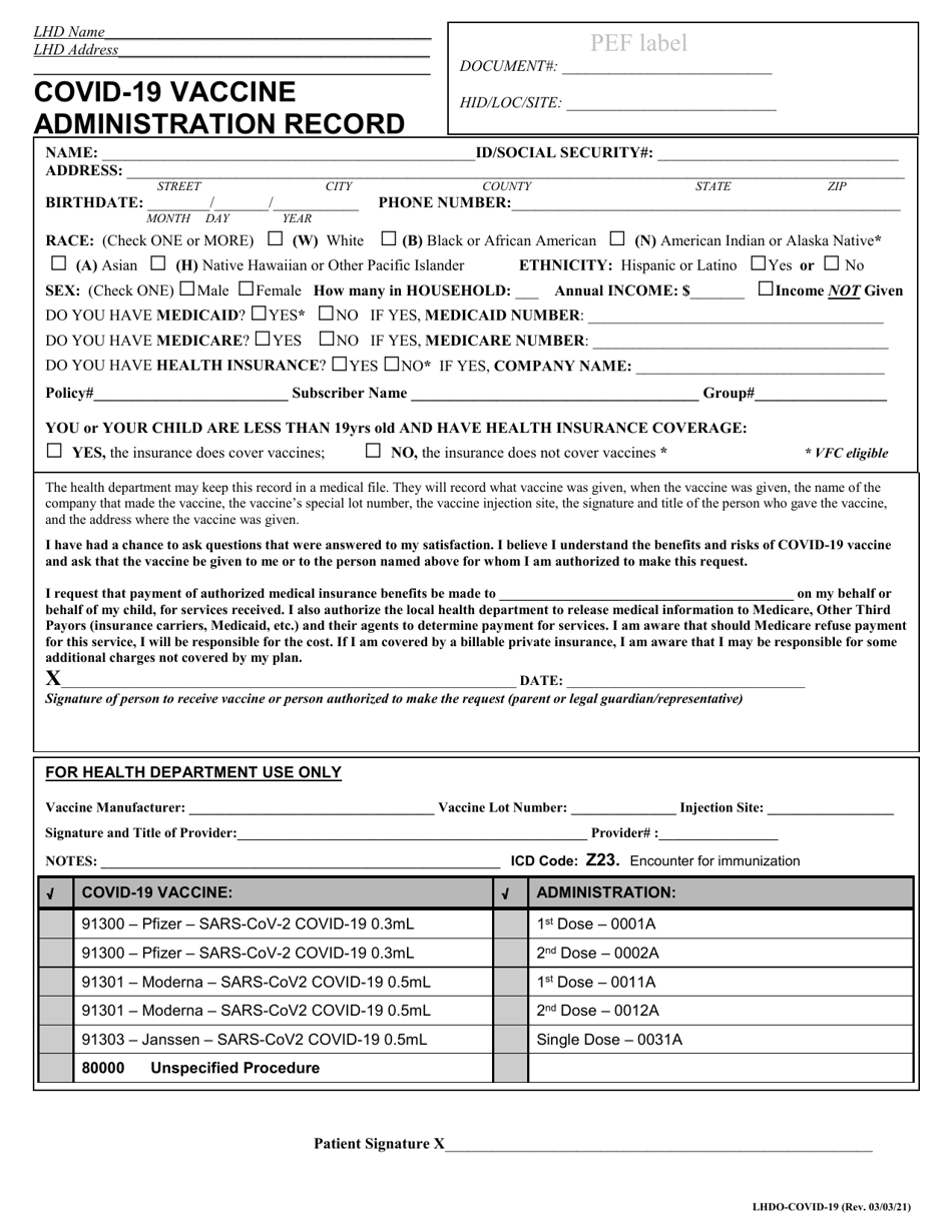 Form LHDO-COVID-19 Covid-19 Vaccine Administration Record - Kentucky (English / Spanish), Page 1