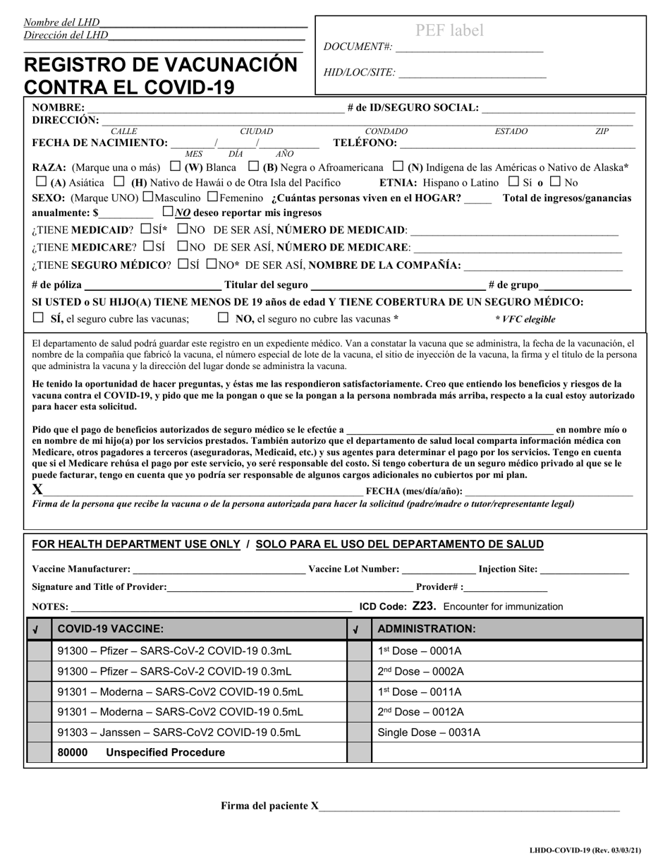 Form LHDO-COVID-19 Covid-19 Vaccine Administration Record - Kentucky (English / Spanish), Page 2