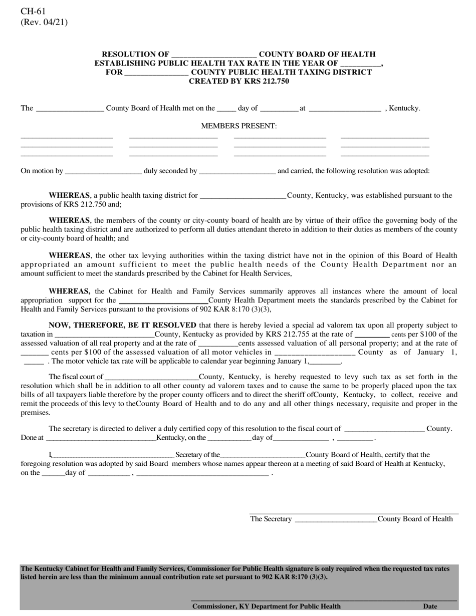 Form CH-61 - Fill Out, Sign Online and Download Printable PDF, Kentucky ...