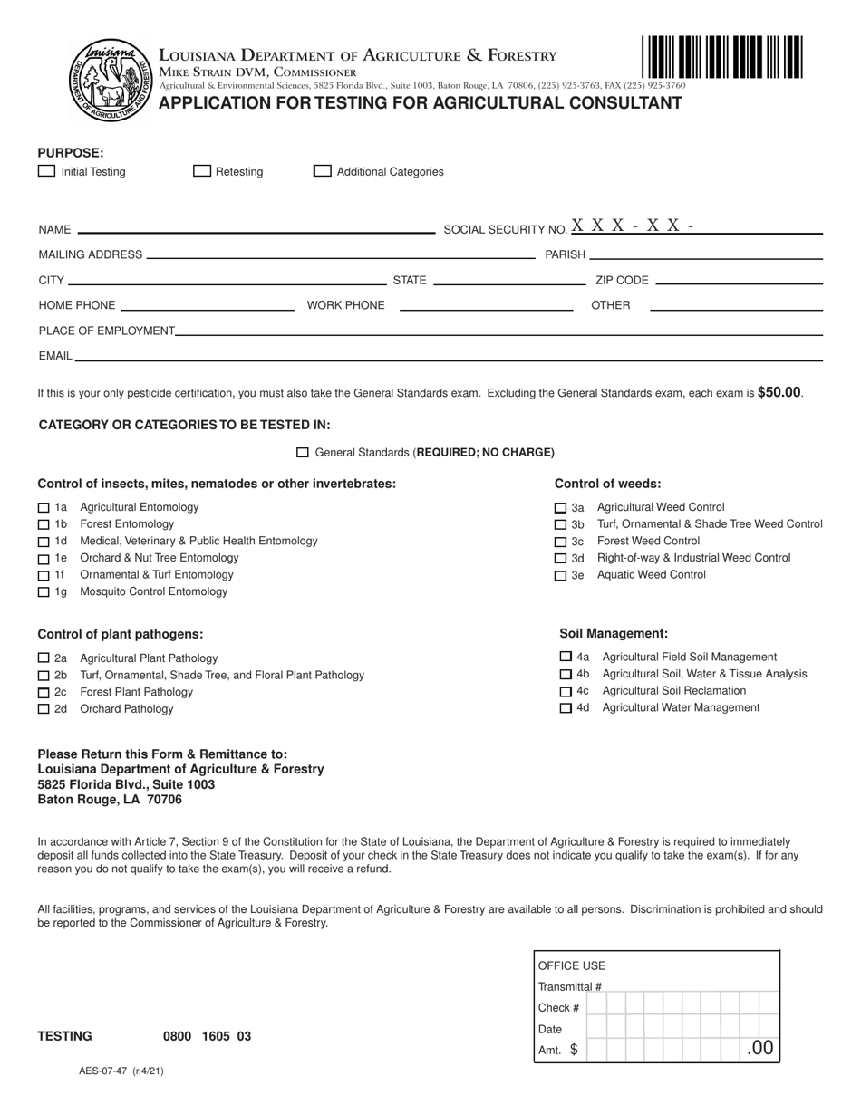 Form AES-07-47 Application for Testing for Agricultural Consultant - Louisiana, Page 1