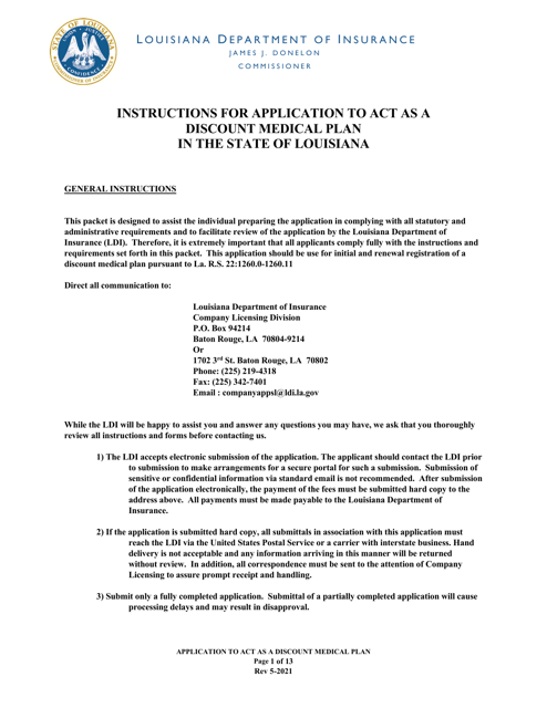 Application to Act as a Discount Medical Plan in the State of Louisiana - Louisiana Download Pdf