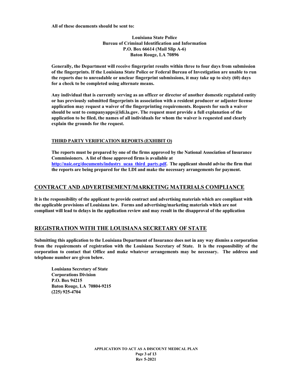 Application to Act as a Discount Medical Plan in the State of Louisiana - Louisiana, Page 3