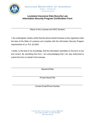 Document preview: Louisiana Insurance Data Security Law Information Security Program Certification Form - Louisiana