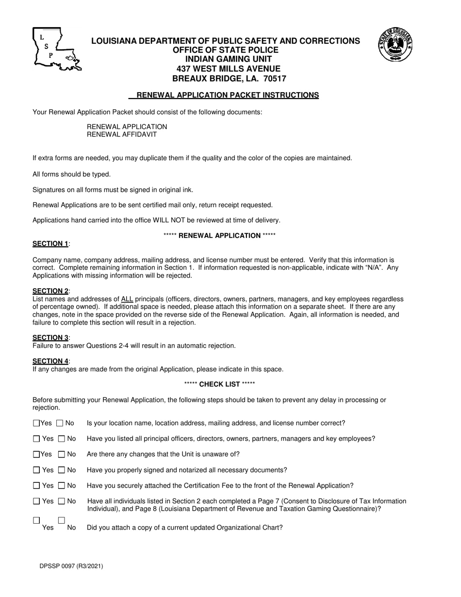 Form DPSSP0097 Indian Gaming Unit Corporate State Certification Renewal Application - Louisiana, Page 3