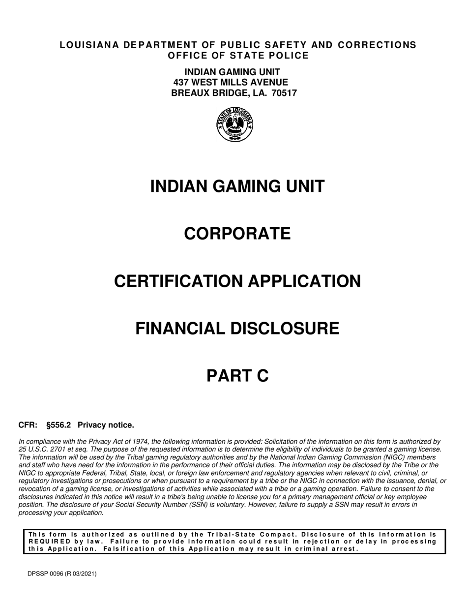 Form DPSSP0096 Part C Indian Gaming Unit Corporate Certification Application Financial Disclosure - Louisiana, Page 1