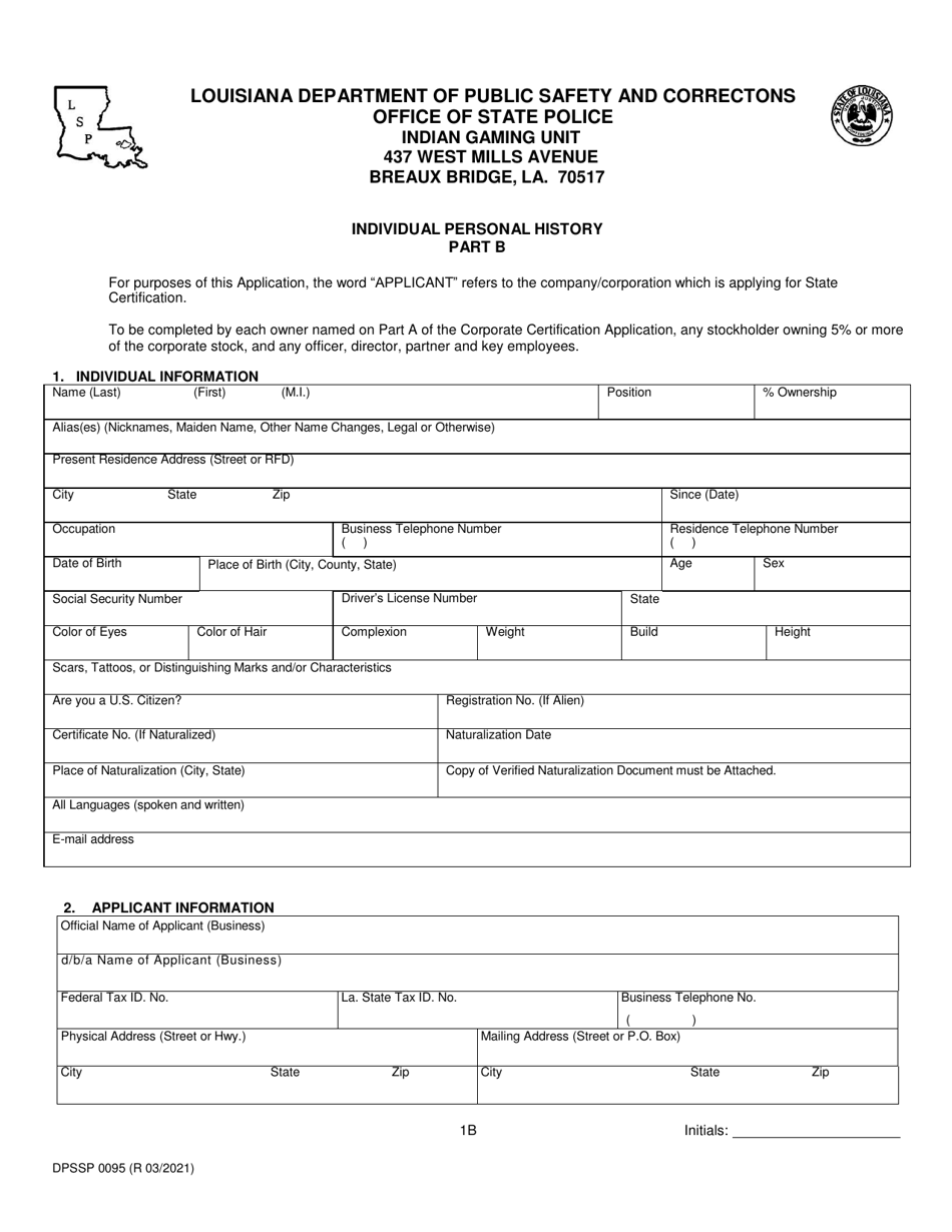 Form DPSSP0095 Part B Indian Gaming Unit Corporate Certification Application Individual Personal History - Louisiana, Page 4