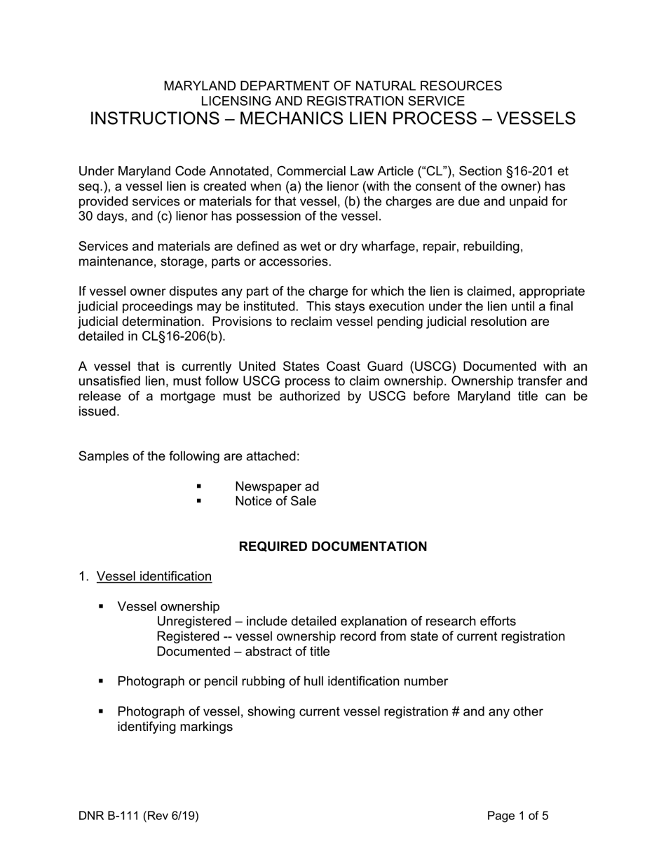 DNR Form B-111 Instructions - Mechanics Lien Process - Vessels - Maryland, Page 1
