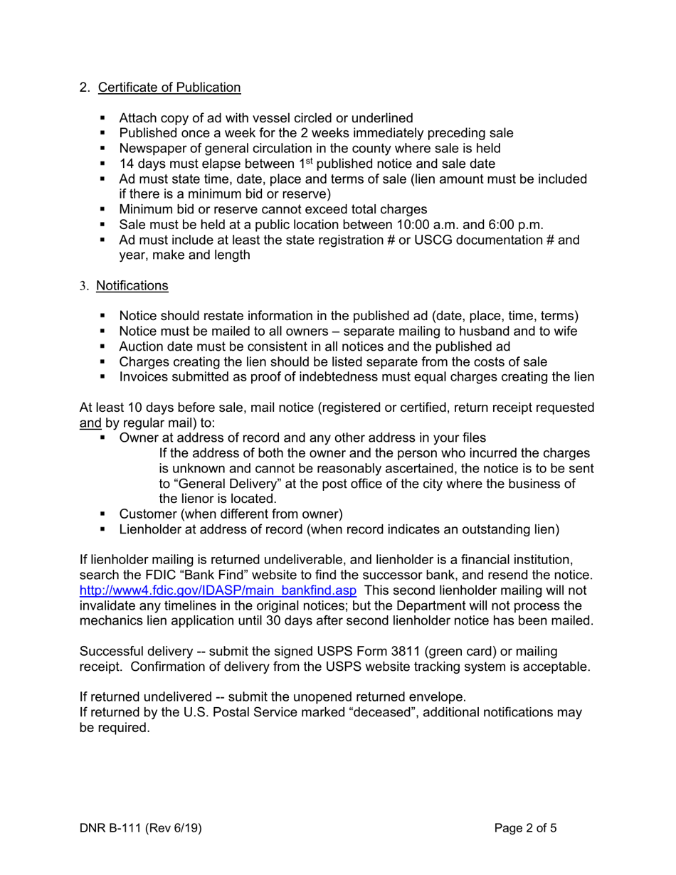 DNR Form B-111 Instructions - Mechanics Lien Process - Vessels - Maryland, Page 2