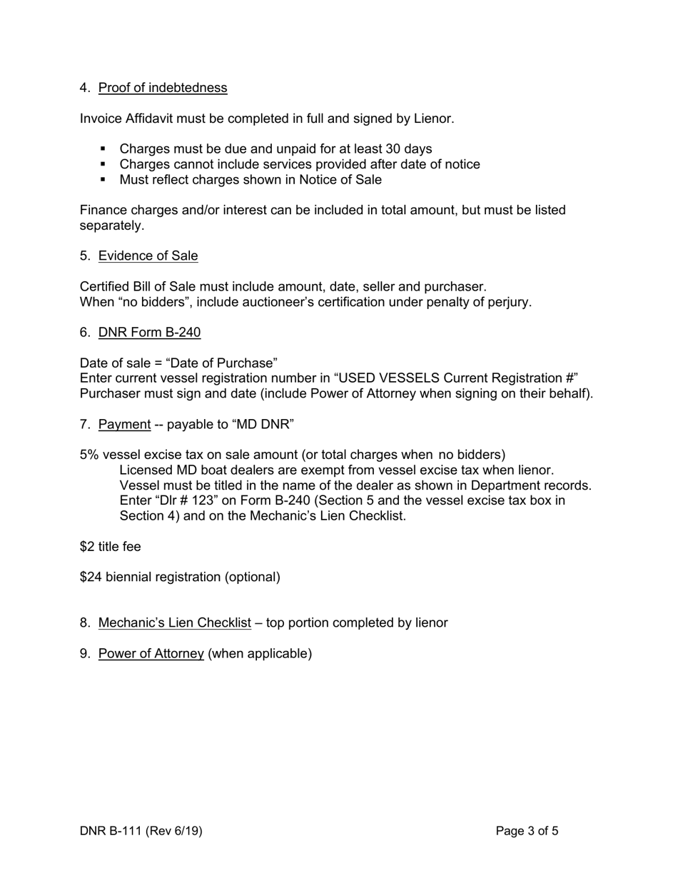DNR Form B-111 Instructions - Mechanics Lien Process - Vessels - Maryland, Page 3