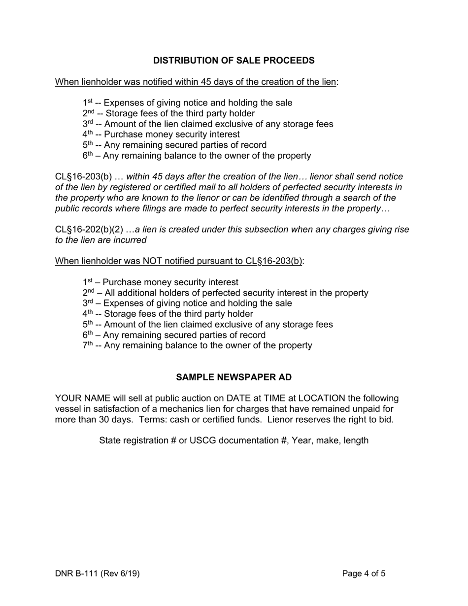 DNR Form B-111 Instructions - Mechanics Lien Process - Vessels - Maryland, Page 4