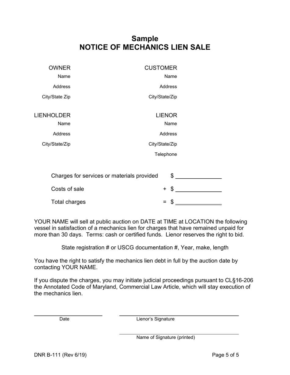 DNR Form B-111 Instructions - Mechanics Lien Process - Vessels - Maryland, Page 5