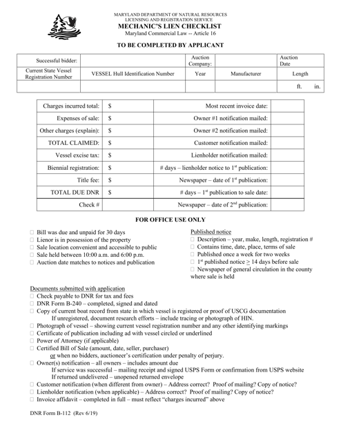 DNR Form B-112 Mechanic's Lien Checklist - Maryland