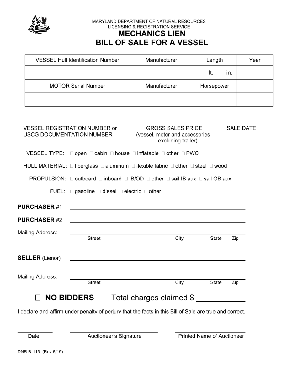 DNR Form B-113 Mechanics Lien Bill of Sale for a Vessel - Maryland, Page 1