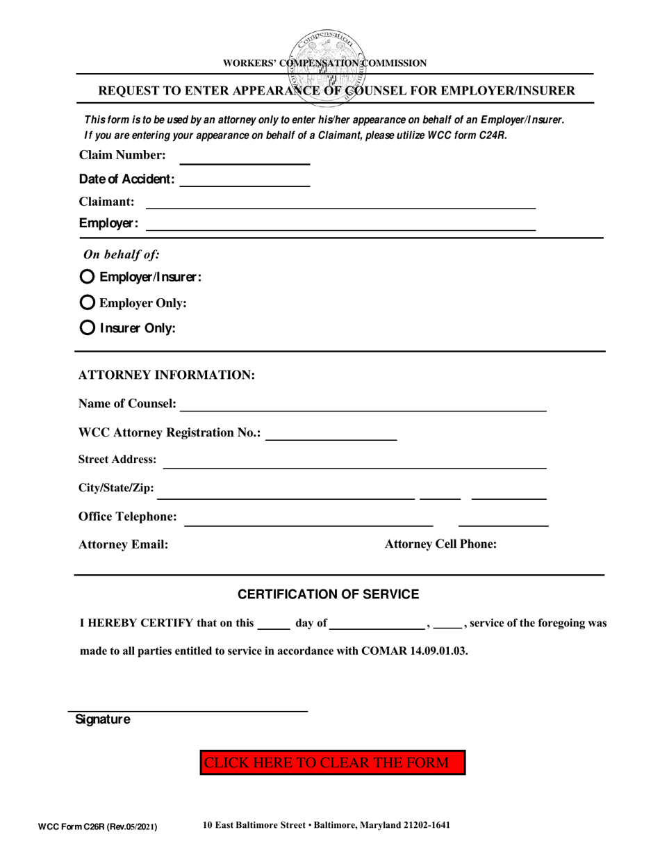 WCC Form C26R Request to Enter Appearance of Counsel for Employer / Insurer - Maryland, Page 1