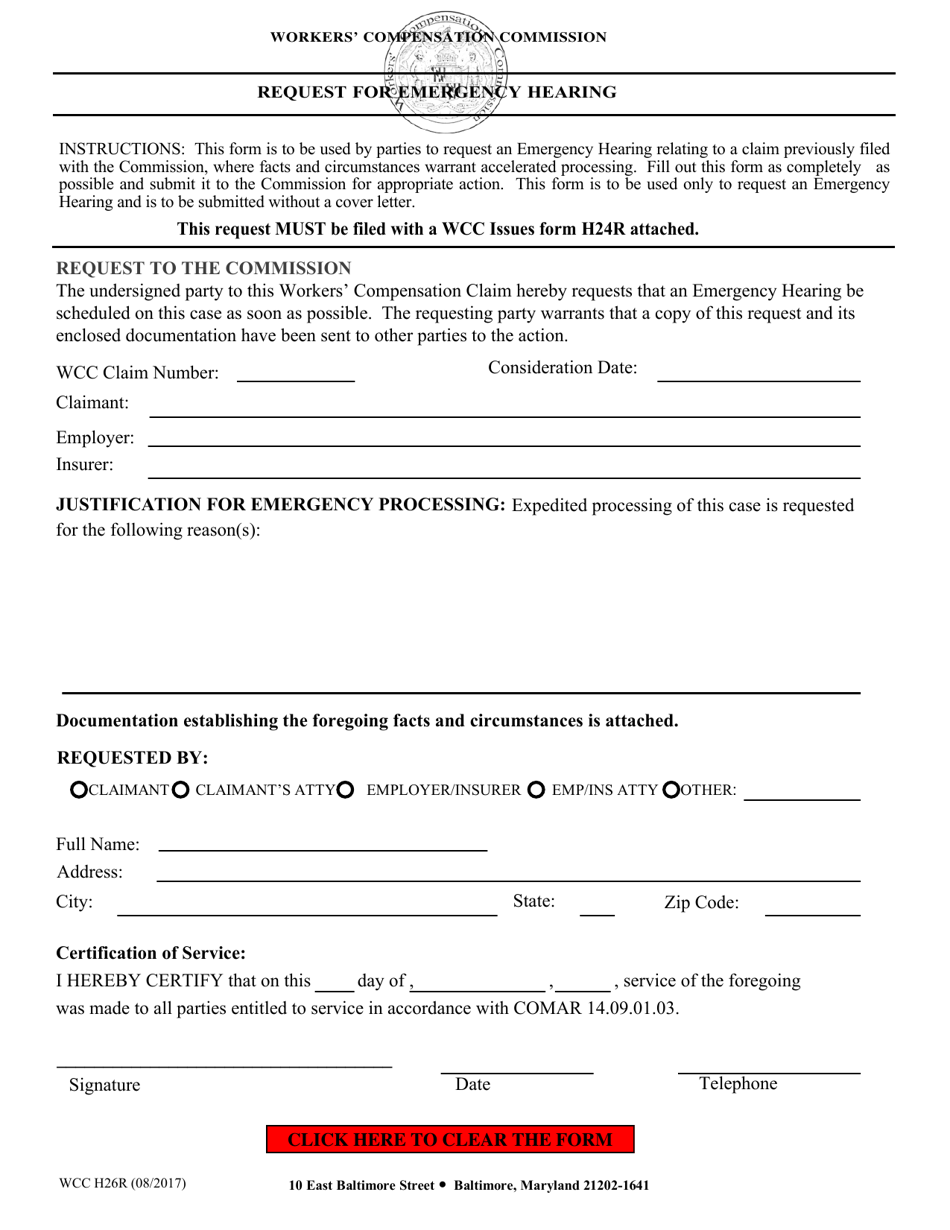 WCC Form H26R Request for Emergency Hearing - Maryland, Page 1
