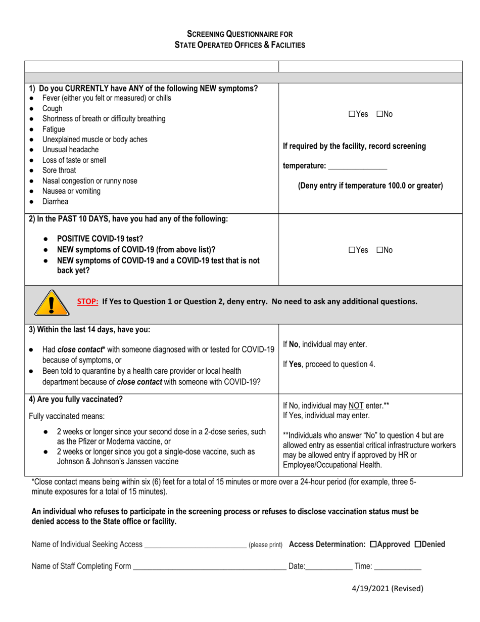 Maryland Screening Questionnaire For State Operated Offices 