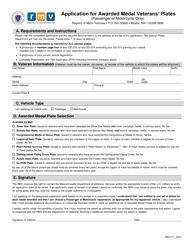 Form REG111 Application for Awarded Medal Veterans' Plates - Massachusetts