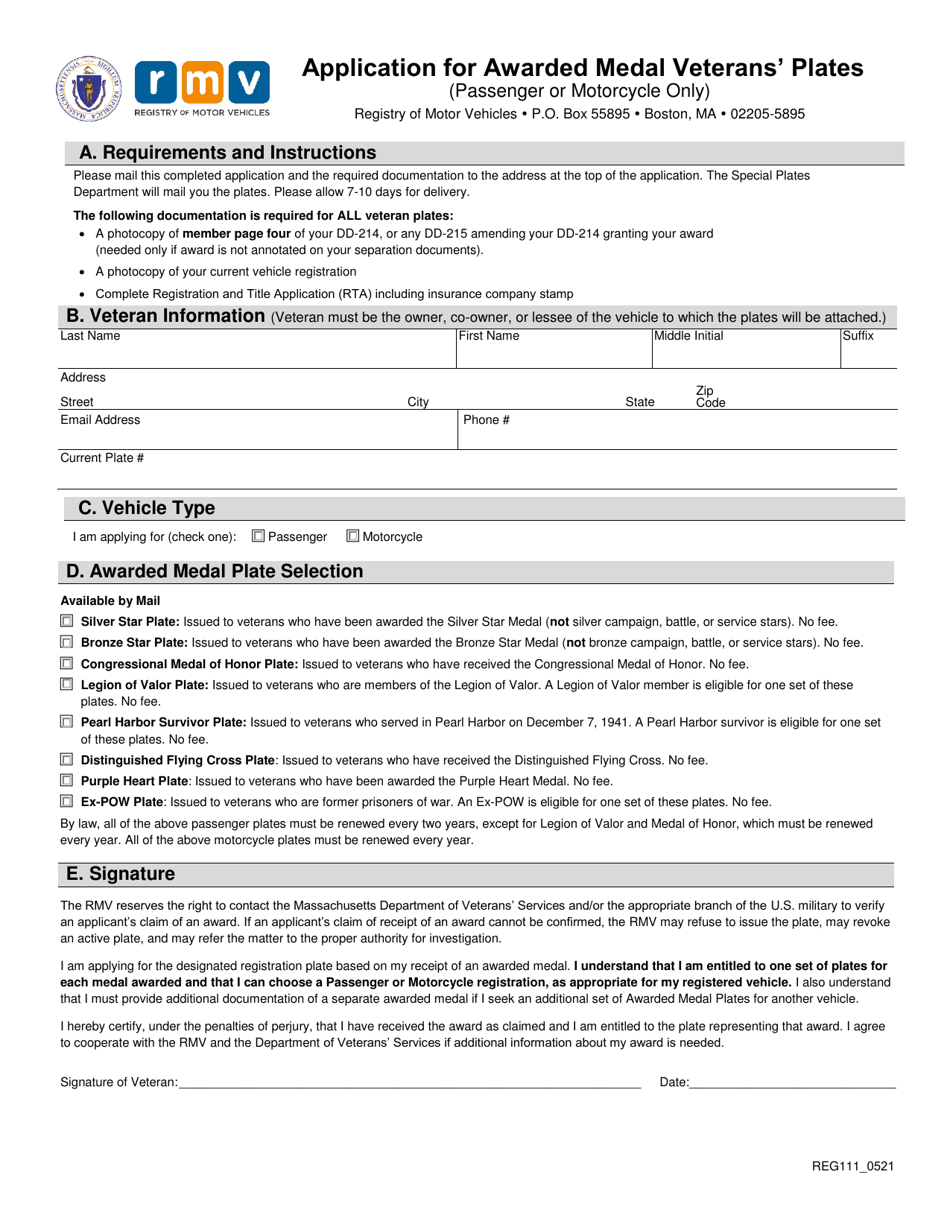 Form REG111 Application for Awarded Medal Veterans Plates - Massachusetts, Page 1