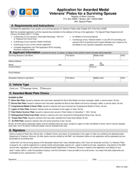 Form REG116 Application for Awarded Medal Veterans' Plates for a Surviving Spouse - Massachusetts