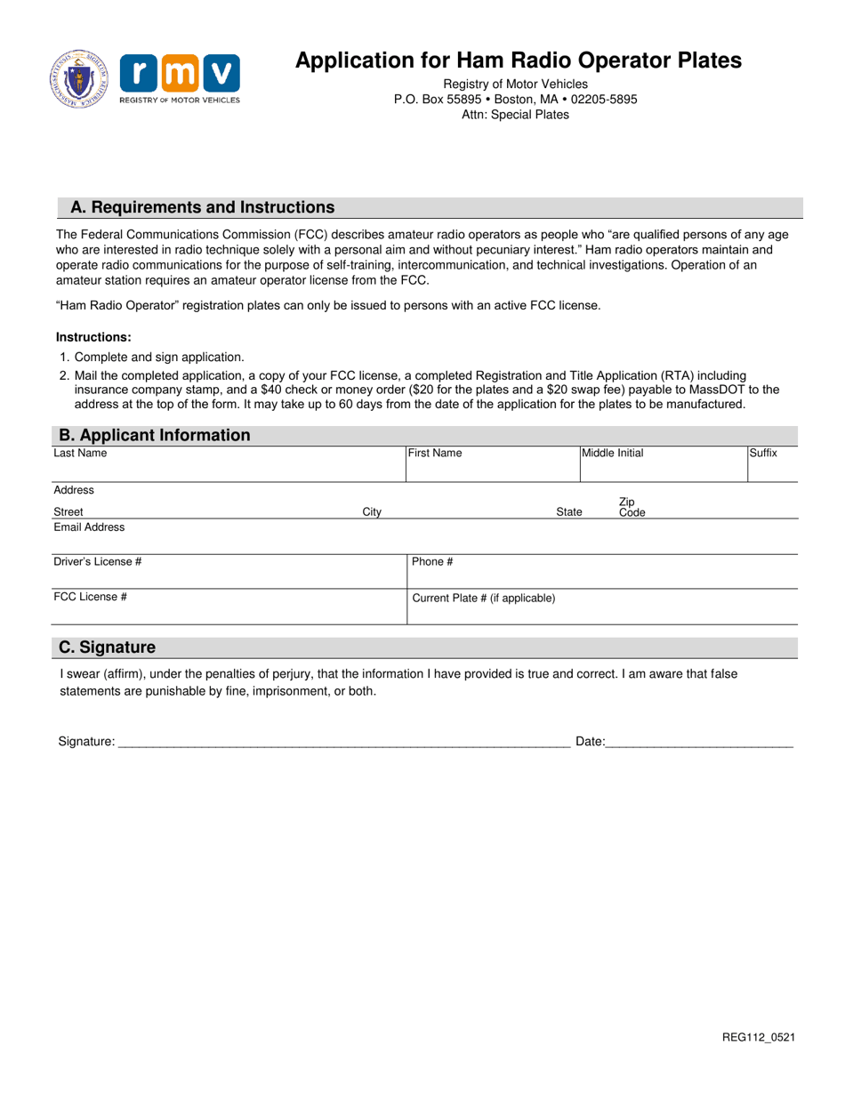 Form REG112 Application for Ham Radio Operator Plates - Massachusetts, Page 1