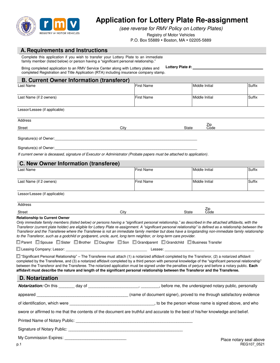 Form REG107 Application for Lottery Plate Re-assignment - Massachusetts, Page 1