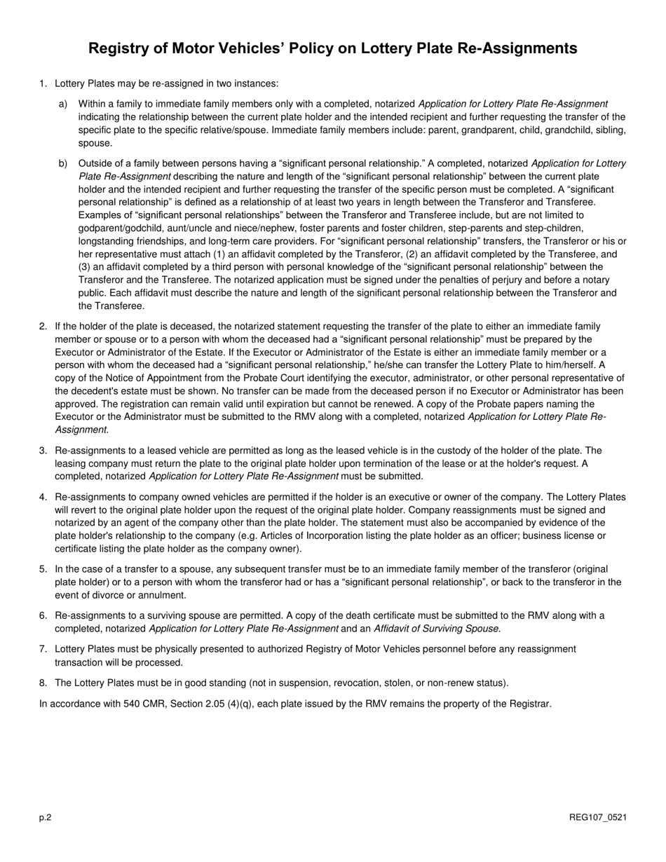 Form REG107 Application for Lottery Plate Re-assignment - Massachusetts, Page 2