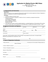 Form REG108 Application for Medical Doctor (Md) Plates - Massachusetts
