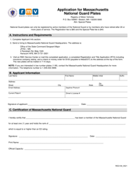 Form REG109 Application for Massachusetts National Guard Plates - Massachusetts