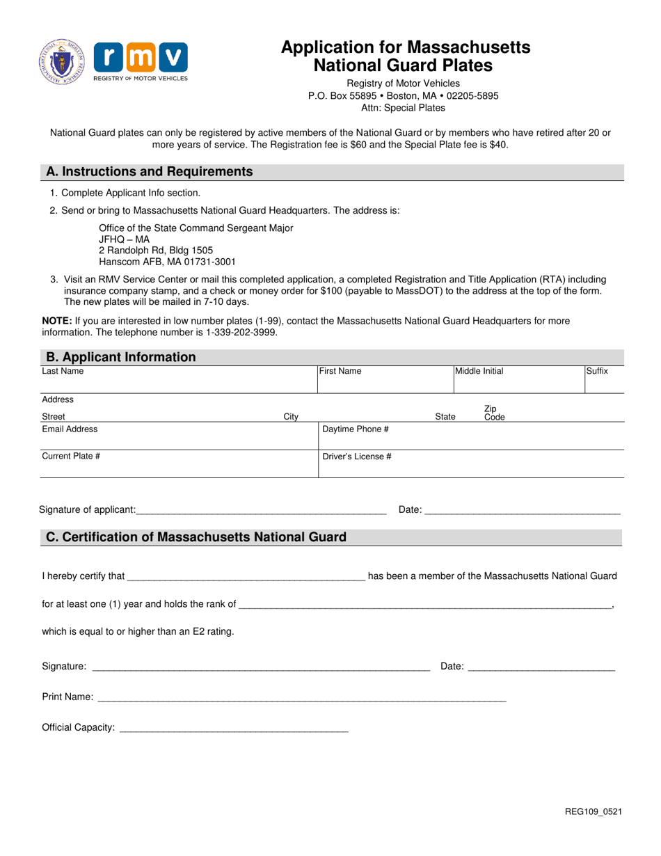 Form REG109 Application for Massachusetts National Guard Plates - Massachusetts, Page 1