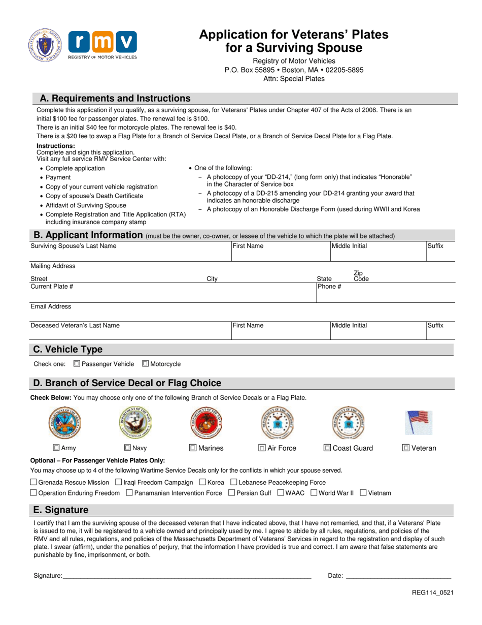 Form REG114 Application for Veterans Plates for a Surviving Spouse - Massachusetts, Page 1