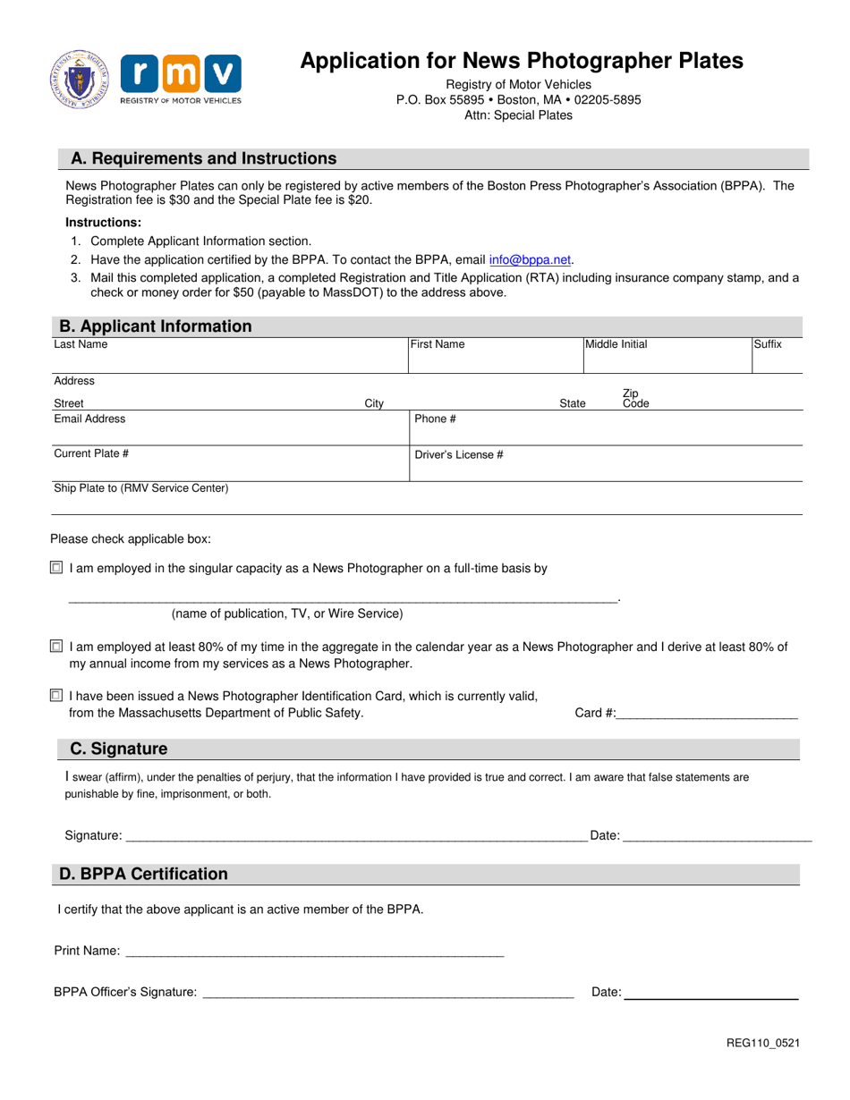Form REG110 Application for News Photographer Plates - Massachusetts, Page 1