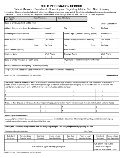 Form BCAL-3731 Child Information Record - Michigan
