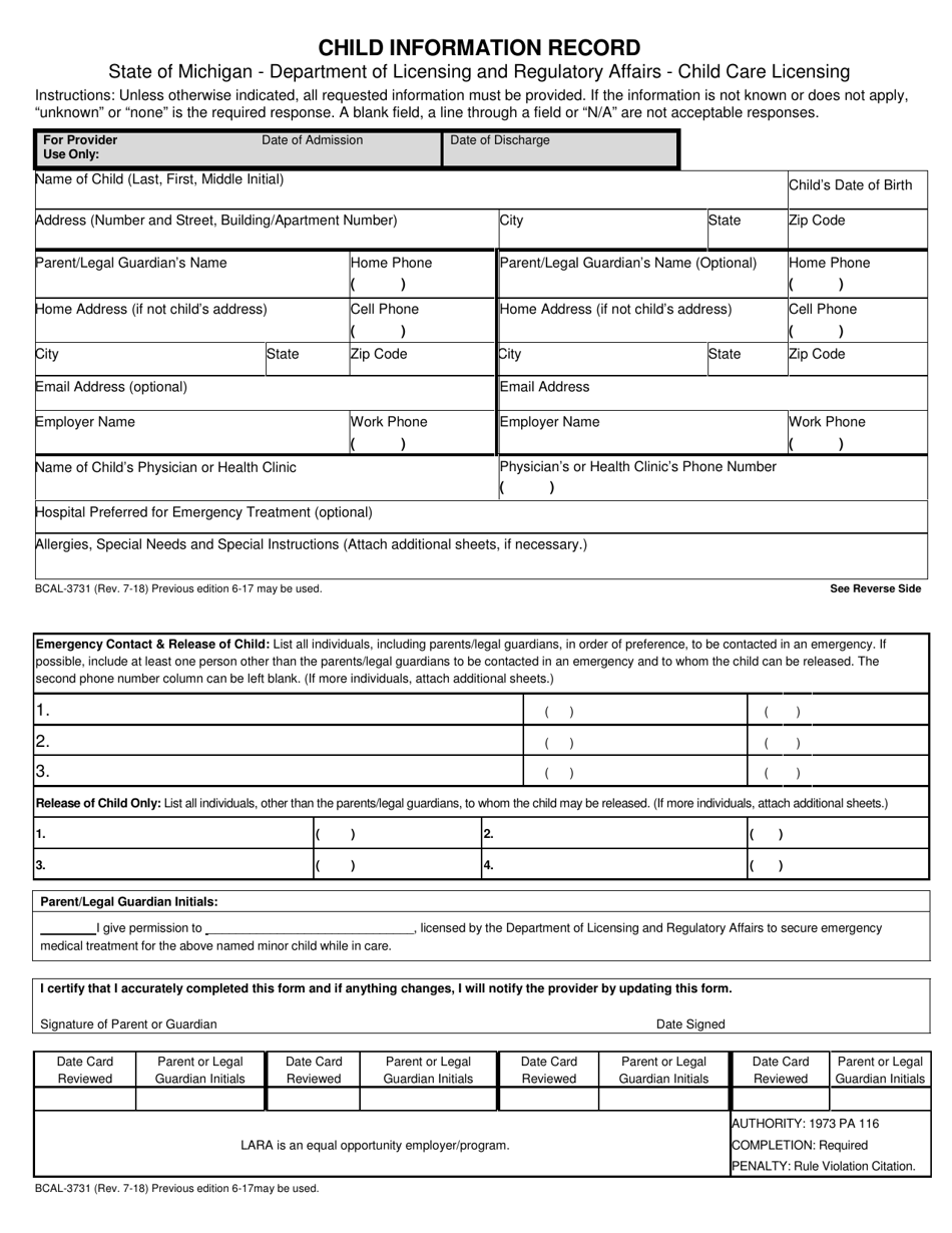 Form BCAL-3731 Child Information Record - Michigan, Page 1