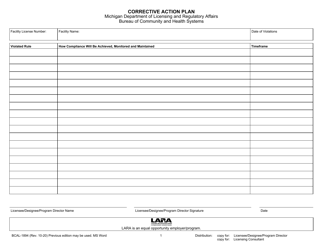 Document preview: Form BCAL-1894 Corrective Action Plan - Michigan