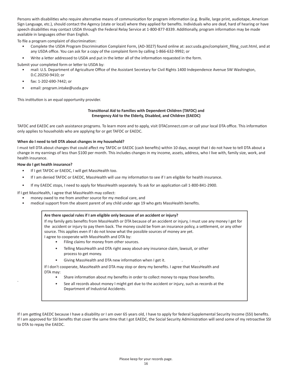 Form SNAPA-1 Snap Benefits Application - Massachusetts, Page 16