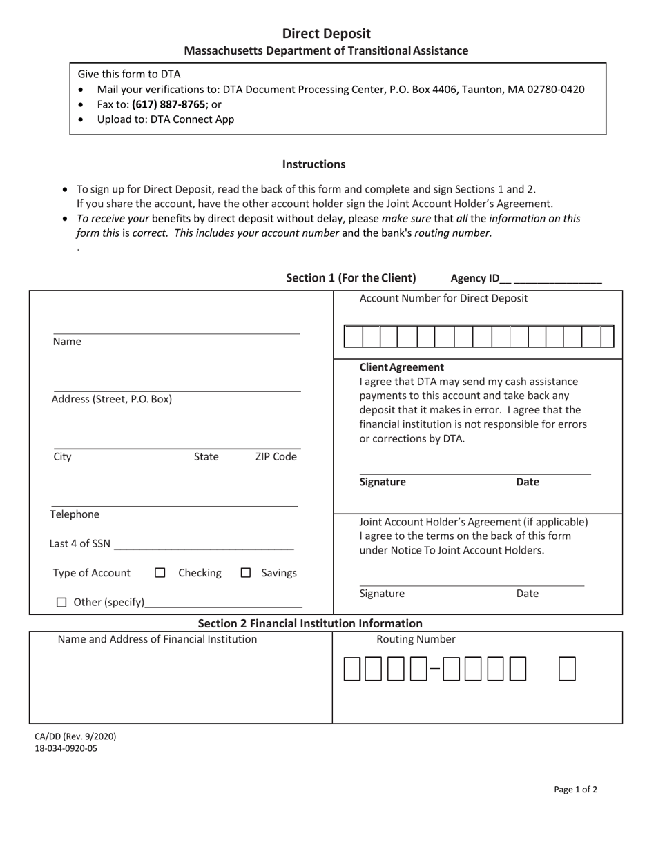 Form CA / DD Direct Deposit - Massachusetts, Page 1