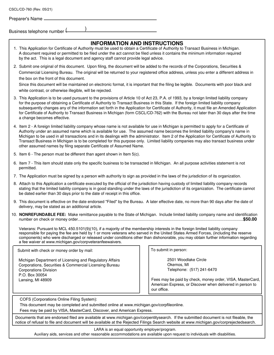 Form CSCL / CD-760 Application for Certificate of Authority to Transact Business in Michigan for Use by Foreign Limited Liability Companies - Michigan, Page 3