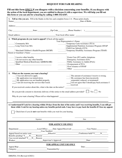 Form DHS/FIA334 Request for Fair Hearing - Maryland