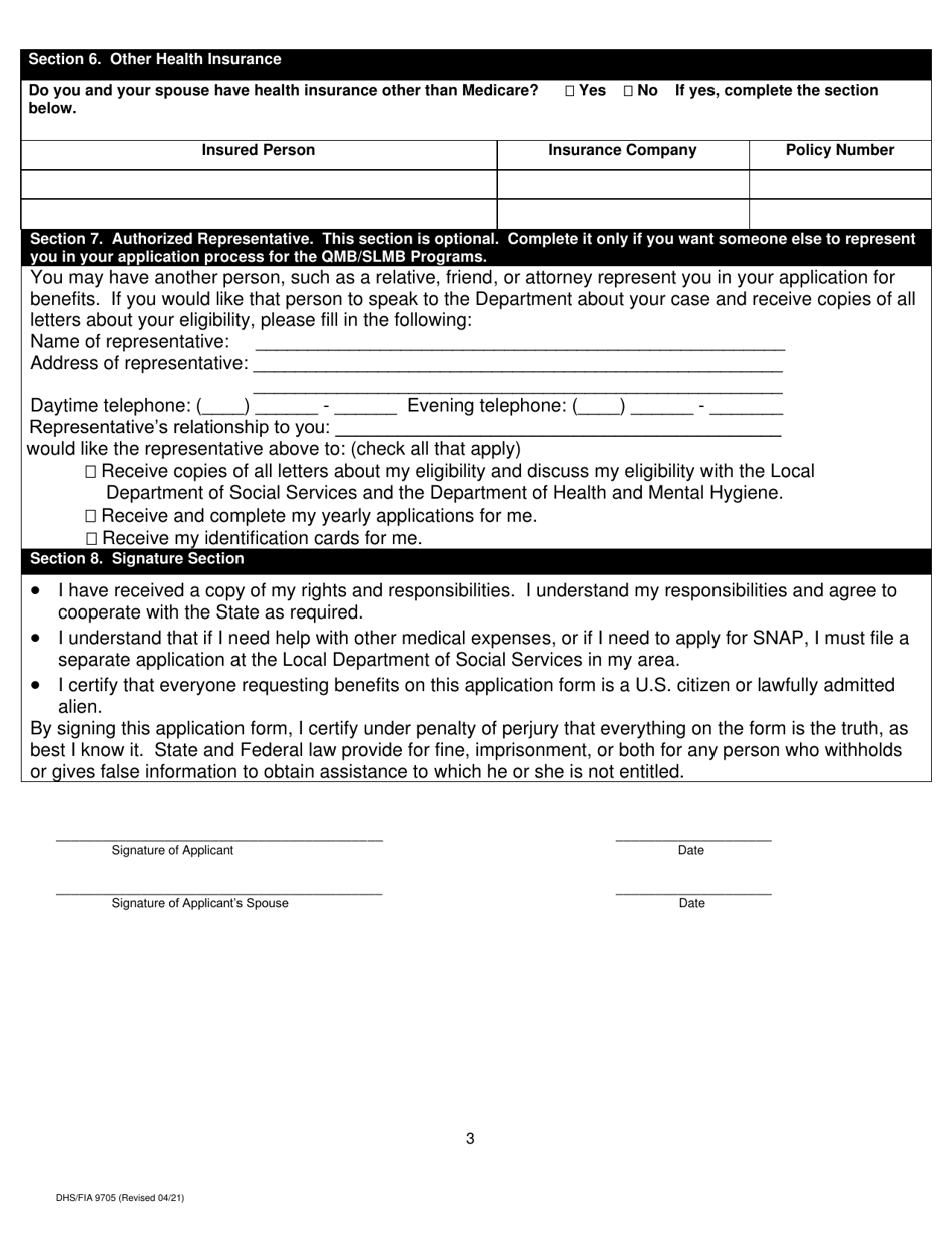 Form DHS / FIA9705 Mail-In Application for Qualified Medicare Beneficiary (Qmb) and Specified Low-Income Medicare Beneficiary (Slmb) Programs - Maryland, Page 5