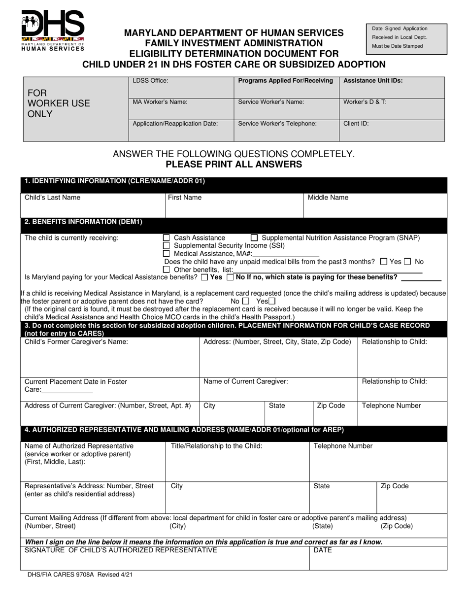 Form DHS / FIA CARES9708A Eligibility Determination Document for Child Under 21 in DHS Foster Care or Subsidized Adoption - Maryland, Page 1