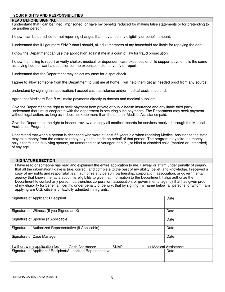 Form DHS/FIA CARES9708A Download Printable PDF or Fill Online Eligibility Determination Document