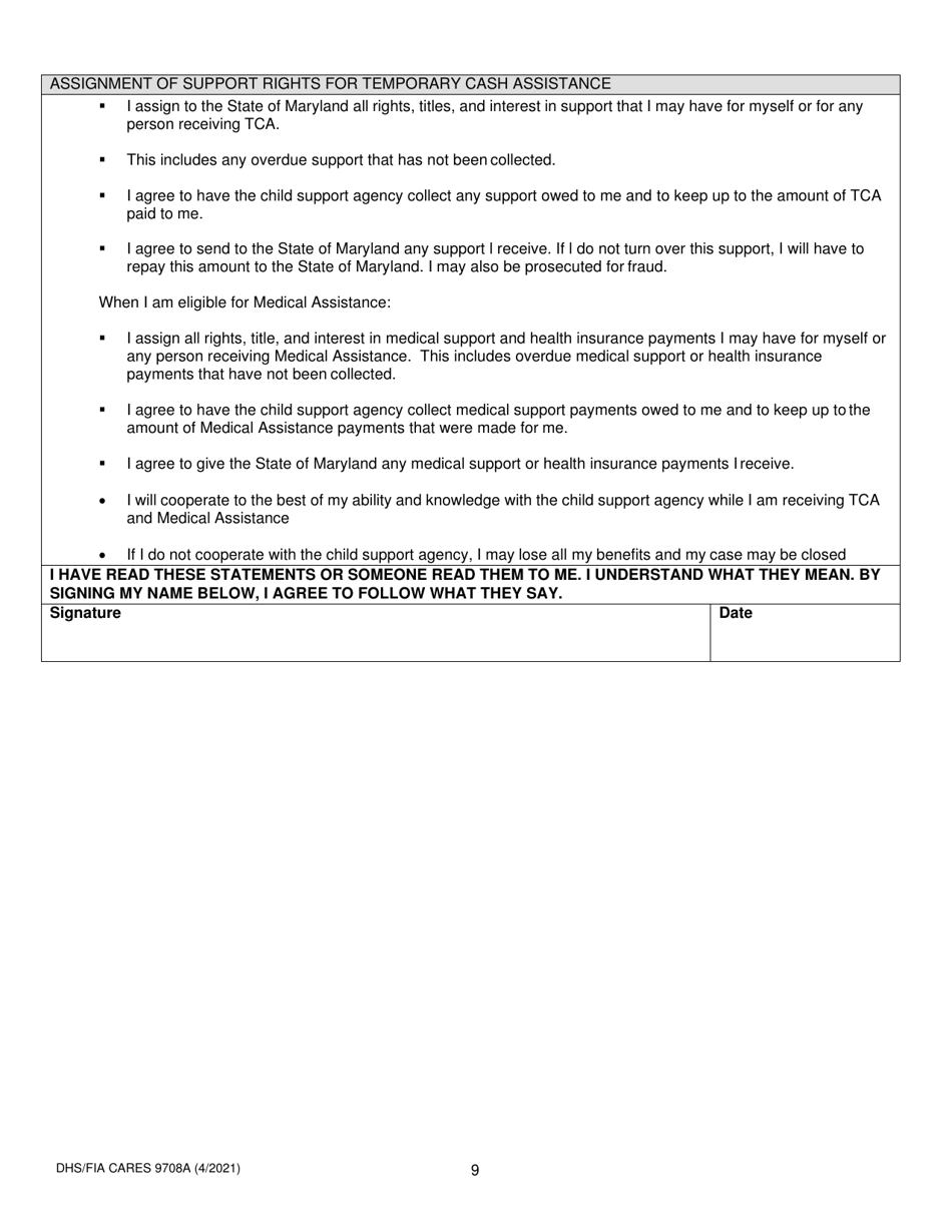 Form DHS/FIA CARES9708A Fill Out, Sign Online and Download Printable PDF, Maryland
