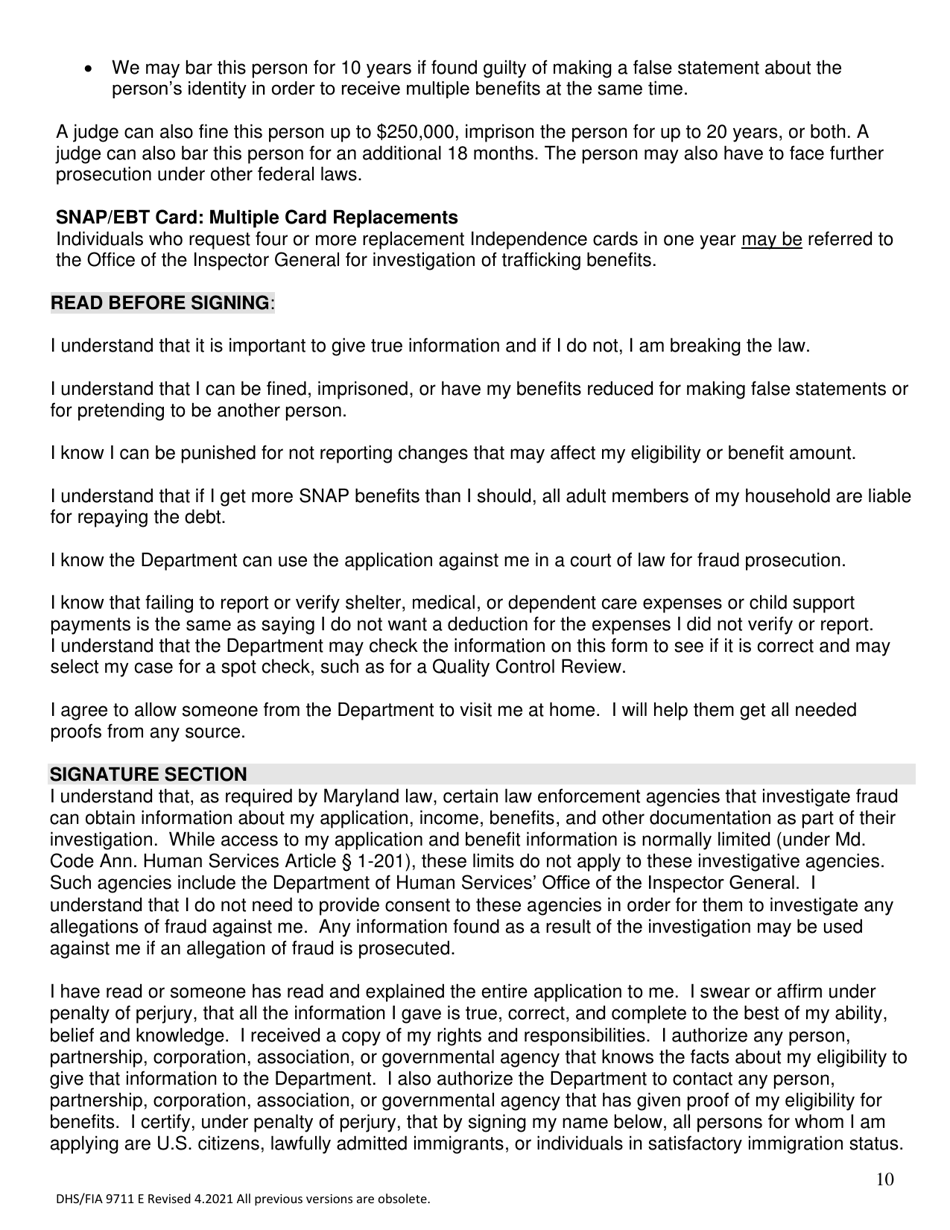 Form DHS / FIA9711 E Elderly Simplified Application Project - Maryland, Page 10