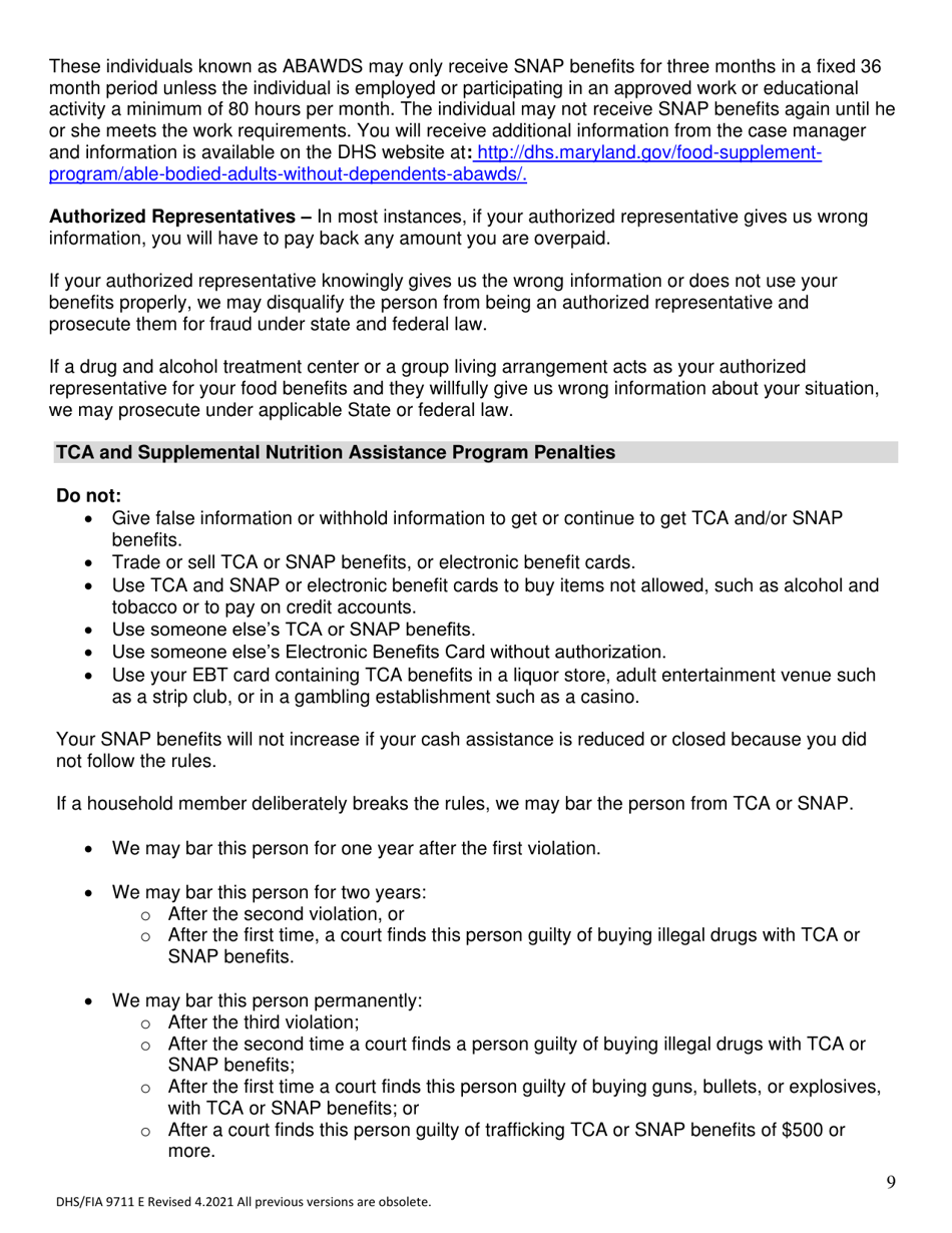 Form DHS / FIA9711 E Elderly Simplified Application Project - Maryland, Page 9