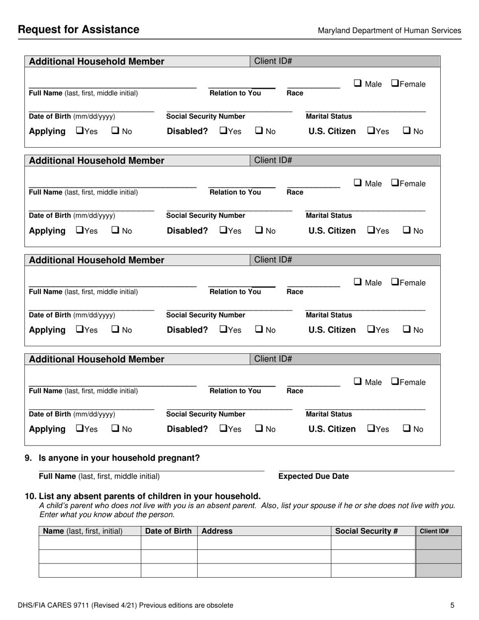 Form DHS / FIA CARES9711 Request for Assistance - Maryland, Page 5