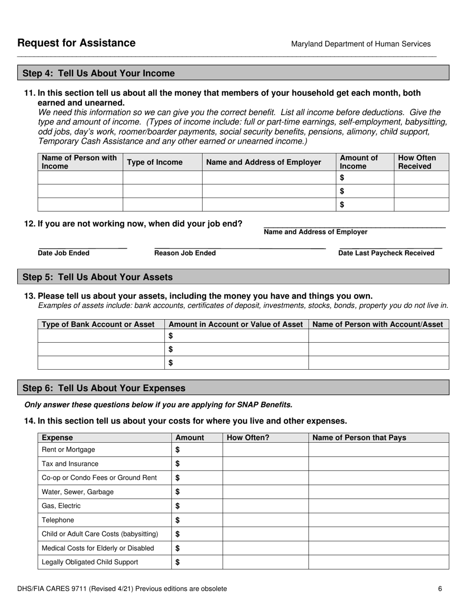 Form DHS / FIA CARES9711 Request for Assistance - Maryland, Page 6