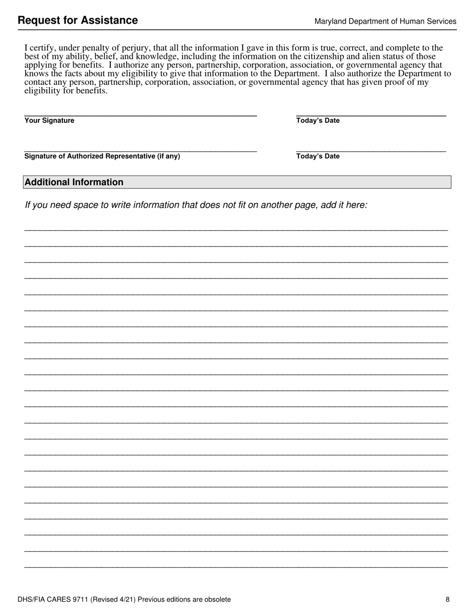 Form DHS / FIA CARES9711 Request for Assistance - Maryland, Page 8