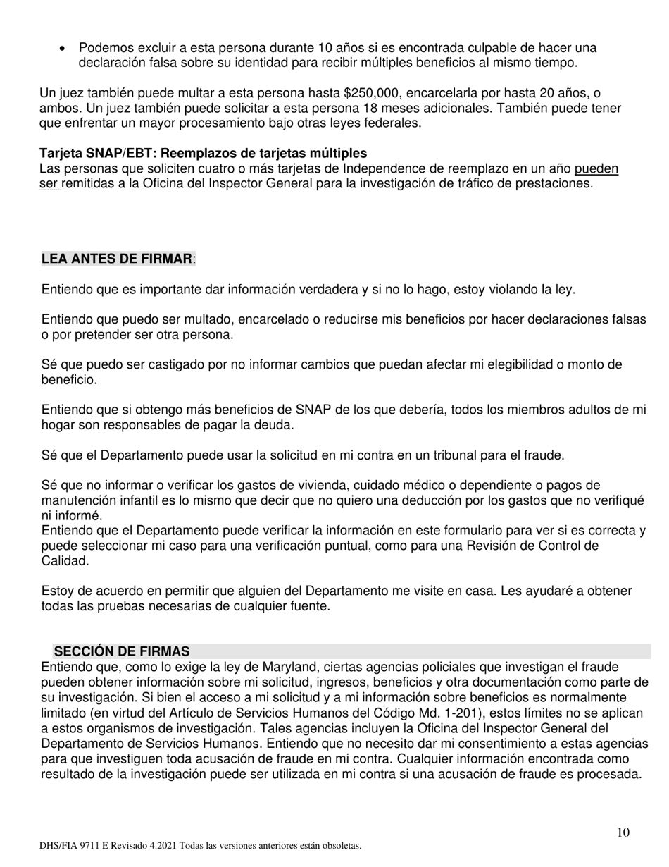 Formulario DHS / FIA9711 E Proyecto De Solicitud Simplificada Para Ancianos - Maryland (Spanish), Page 10